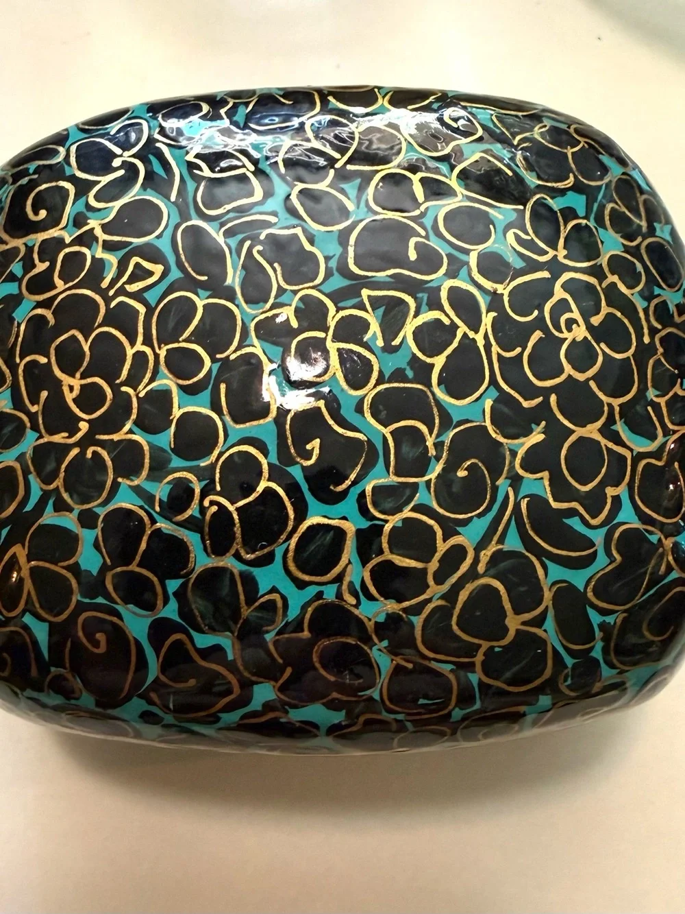 Handcrafted Kashmiri papier-mâché trinket box with lacquered finish gold, teal